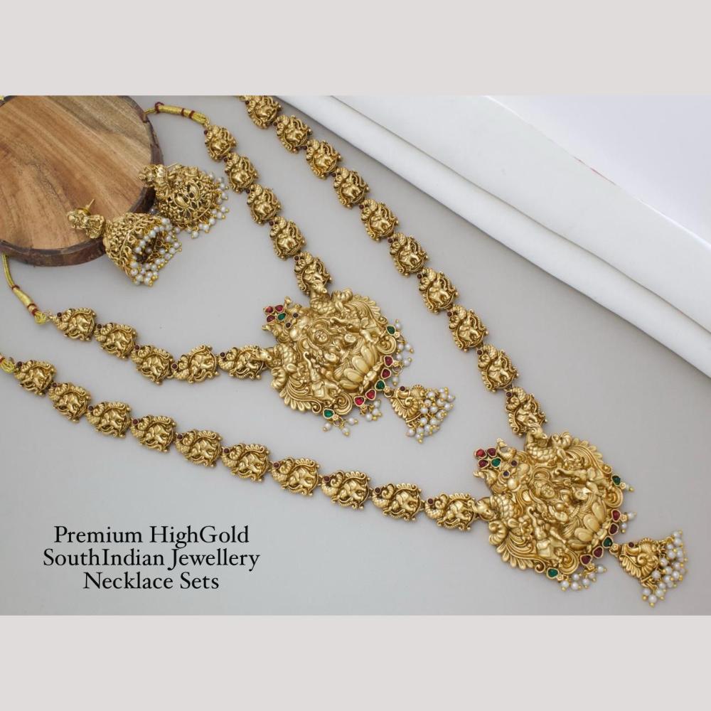 Manisha Jewellery Gold Plated Pota Stone And Pearl Temple Double Necklace Set
