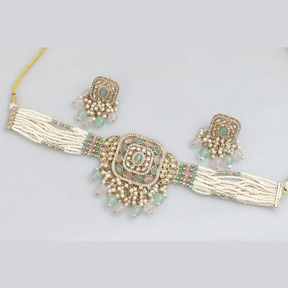 Manisha Jewellery Gold Plated Pota Stone And Pearls Choker Necklace Set