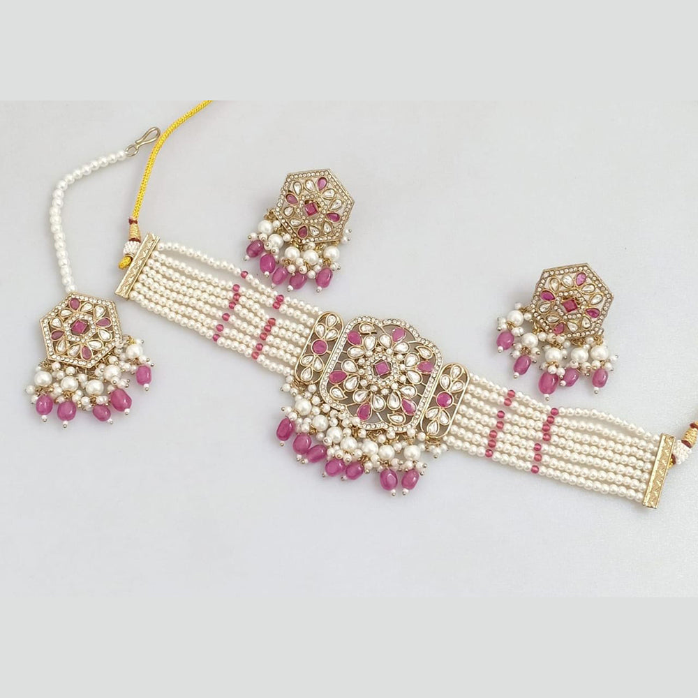 Manisha Jewellery Gold Plated Pota Stone And Pearls Choker Necklace Set