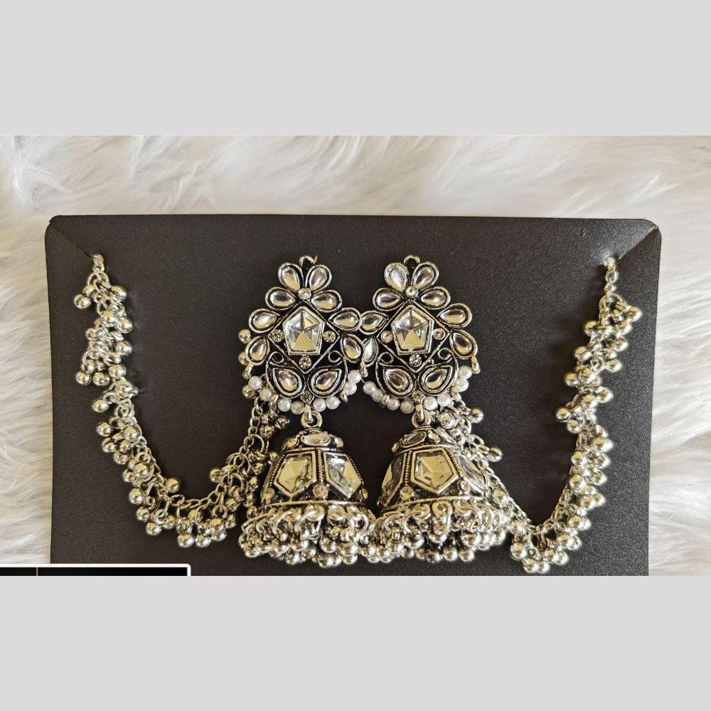 Manisha Jewellery Oxidized Floral Jhumki with Kan chain and Mini Bell Drops