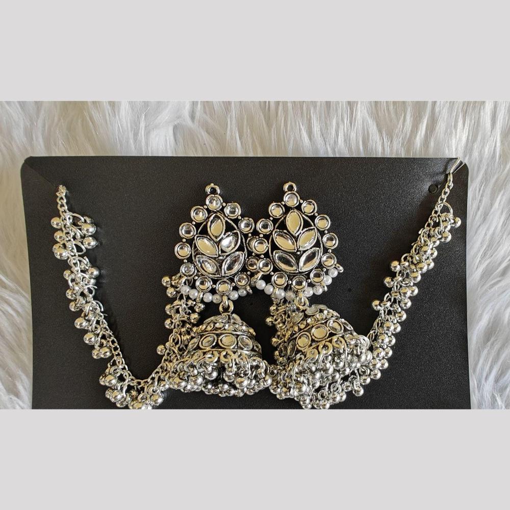 Manisha Jewellery Oxidized Floral Jhumki with Kan chain and Mini Bell Drops