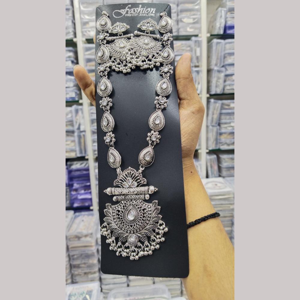 Manisha Jewellery Elegant Oxidised Plated Kundan Long Oxidised Necklace Set