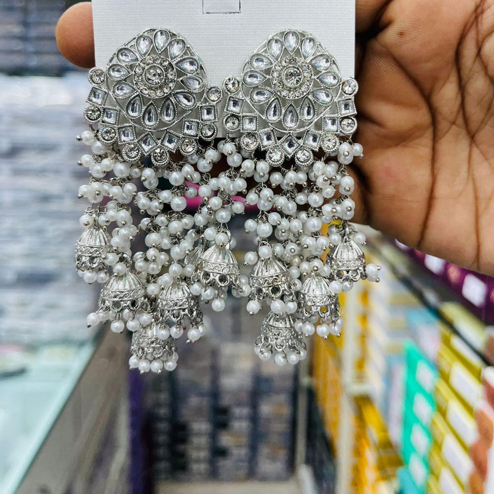 Manisha Jewellery Elegant Rhodium Polish Kundan Stone Pearl Jhumki Earrings