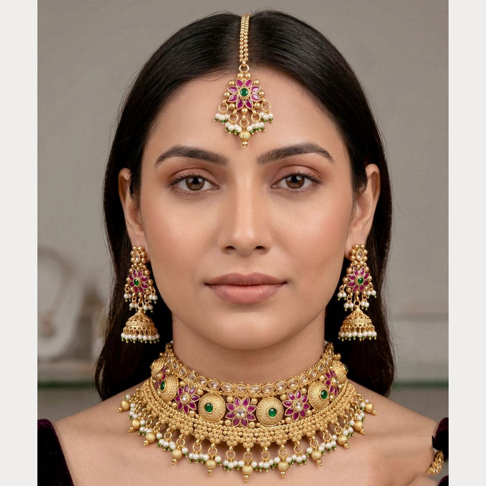 Manisha Jewellery Premium Pota Stone And Pearl Choker Necklace Set