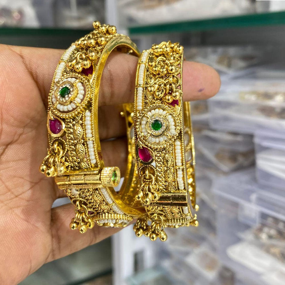 Manisha Jewellery Gold Plated Pota Stone And Pearl Openable Bangles Set