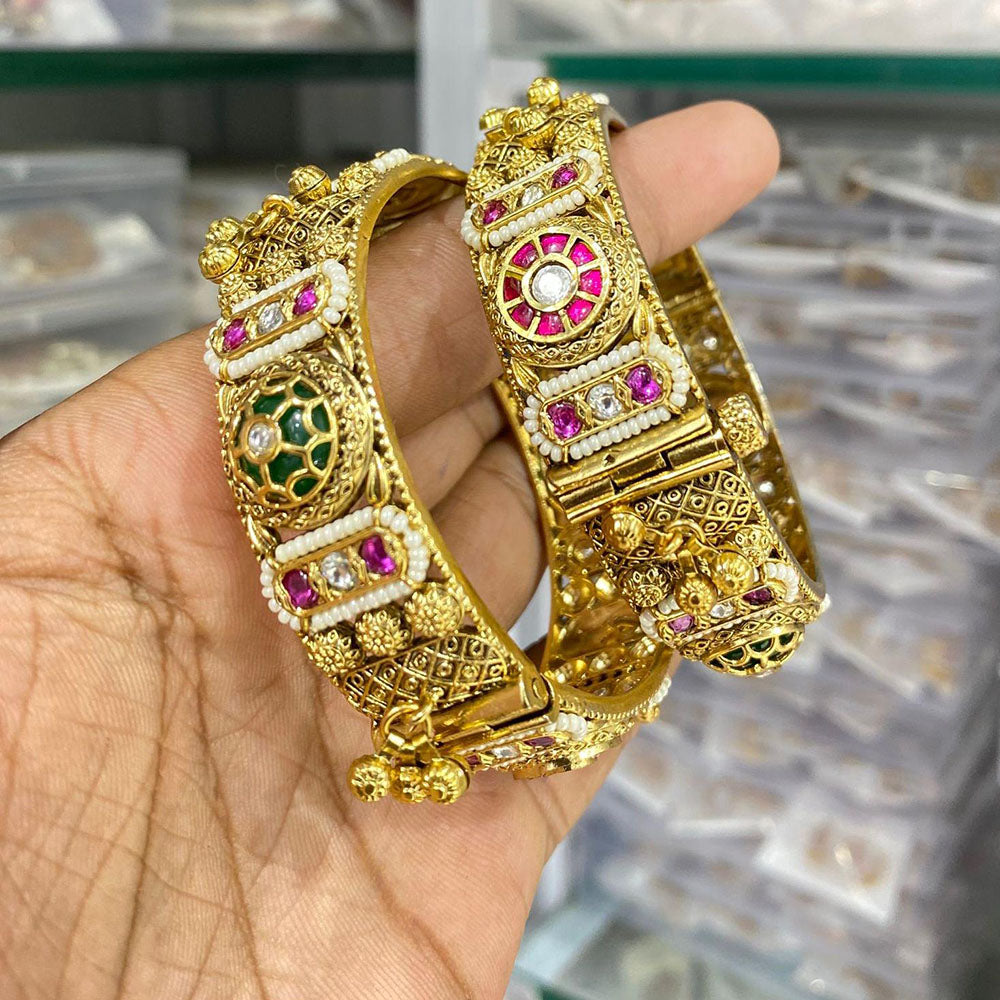Manisha Jewellery Gold Plated Pota Stone And Pearl Openable Bangles Set