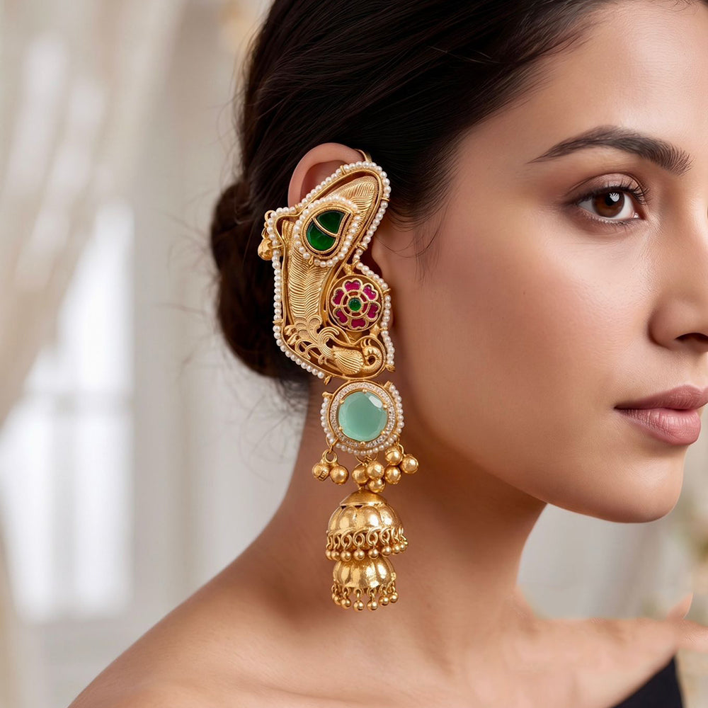 Manisha Jewellery Designer Earcuff Jhumki Earrings With Sparkling Pota Stone And Pearl