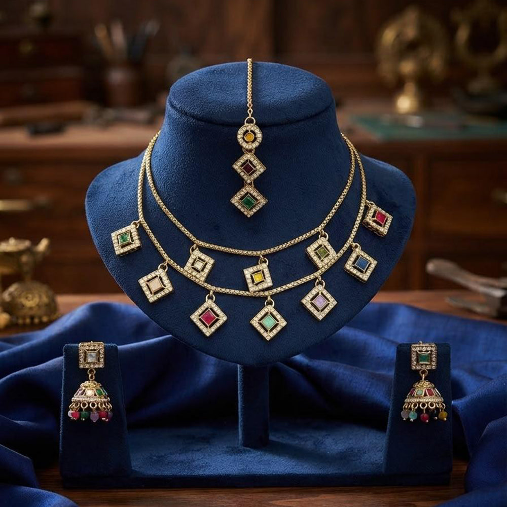 Manisha Gold Plated Austrian Stone Double layer Necklace Set