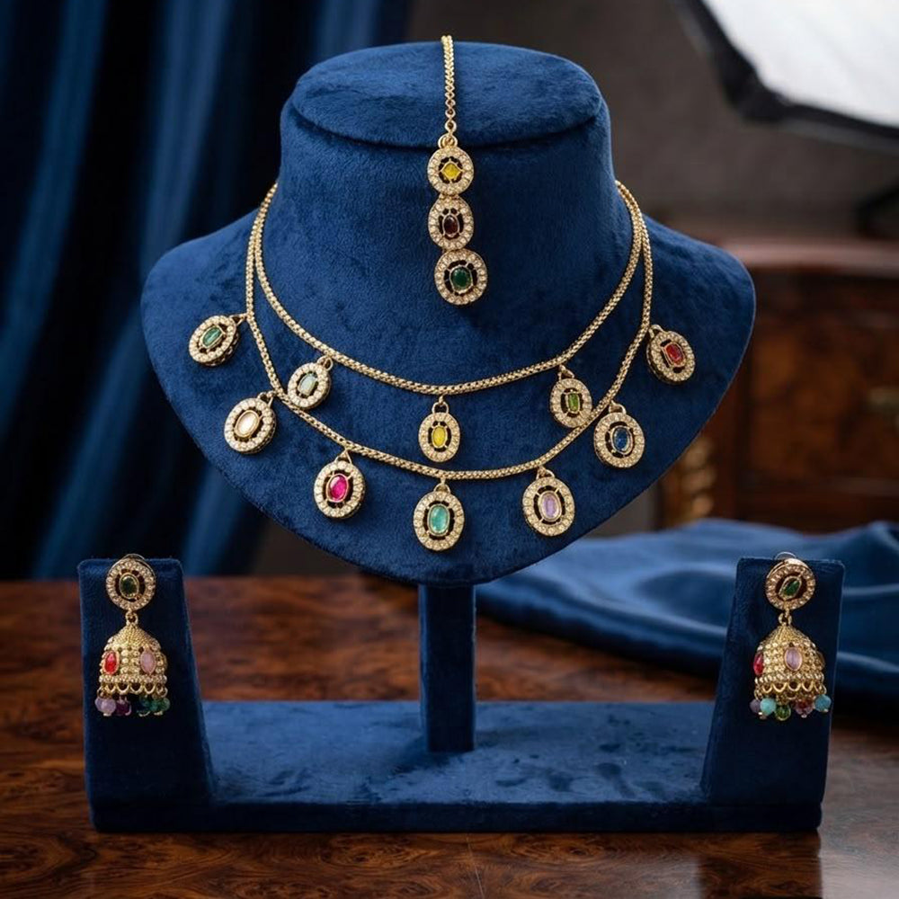 Manisha Gold Plated Austrian Stone Double layer Necklace Set