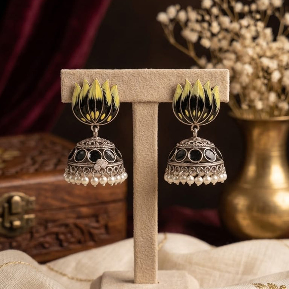 Manisha Jewellery Premium Oxidised Plated Pota Stone And Pearl Meenakari Jhumki Earrings