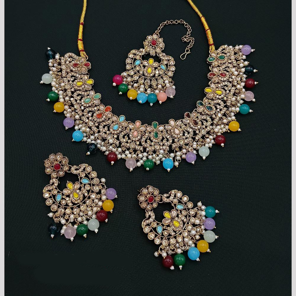 Lucentarts Jewellery Gold Plated Crystal Stone And Beads Choker Necklace Set