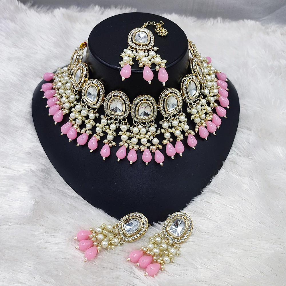 Lucentarts Jewellery Gold Plated Kundan Beads And Pearl Choker Necklace Set