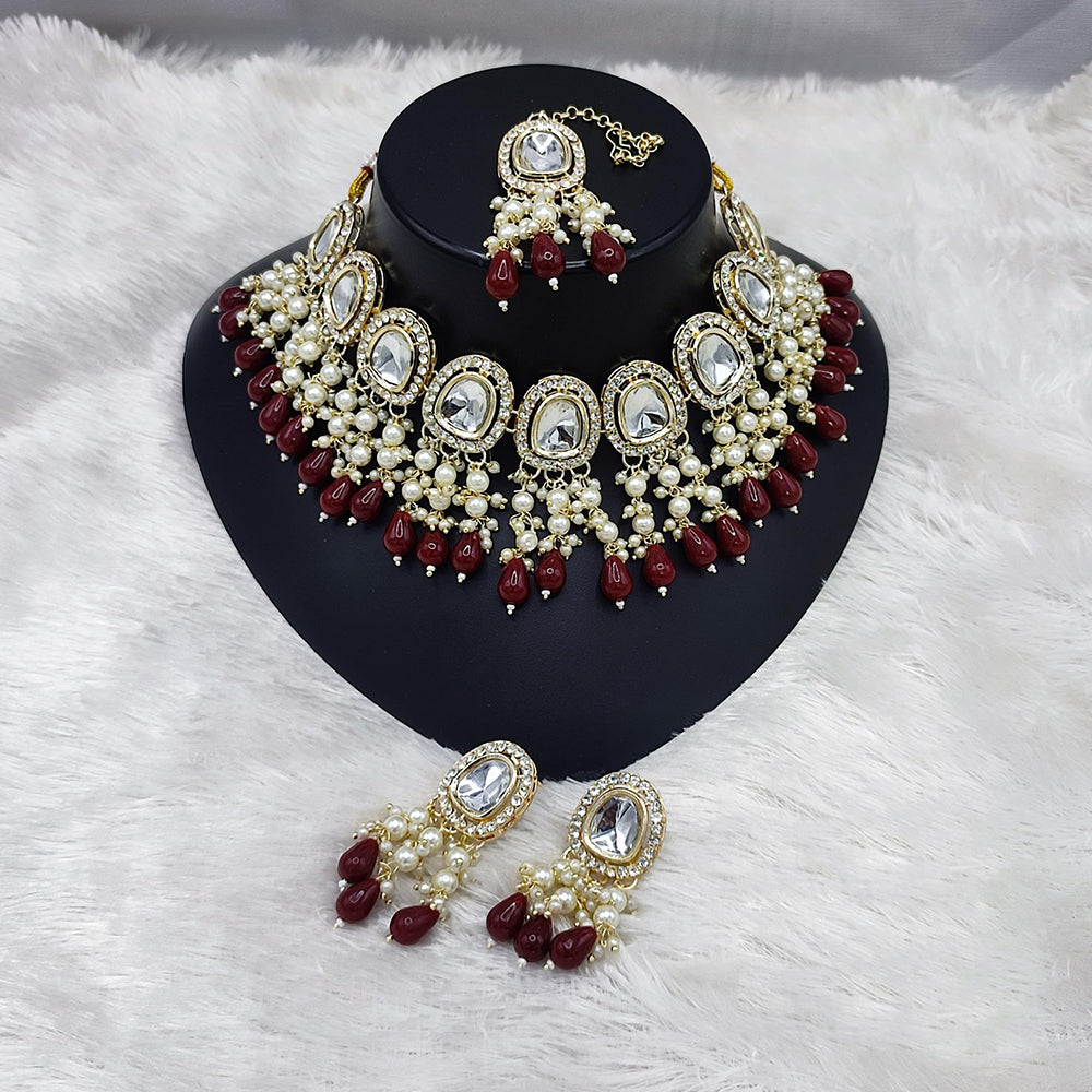 Lucentarts Jewellery Gold Plated Kundan Beads And Pearl Choker Necklace Set