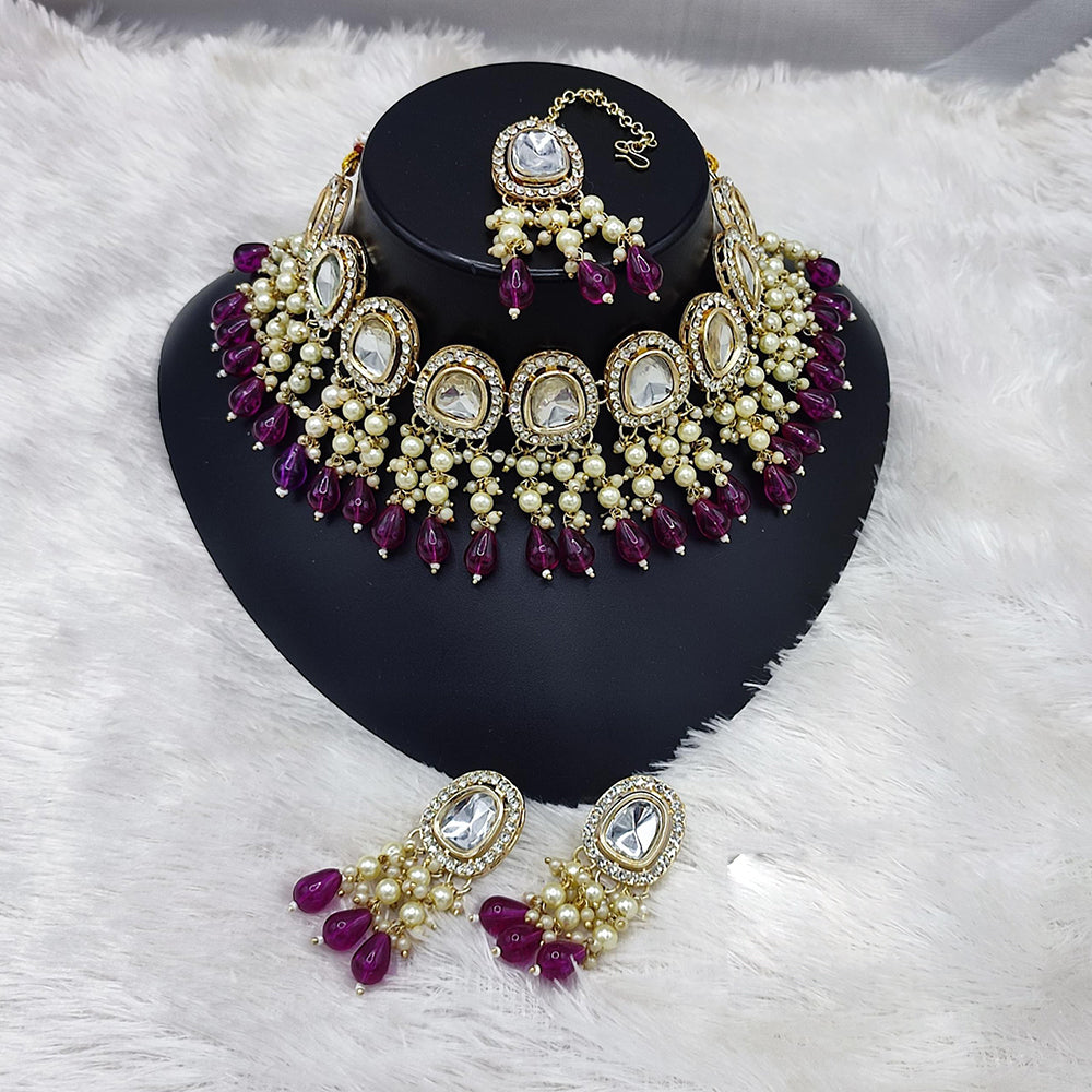 Lucentarts Jewellery Gold Plated Kundan Beads And Pearl Choker Necklace Set