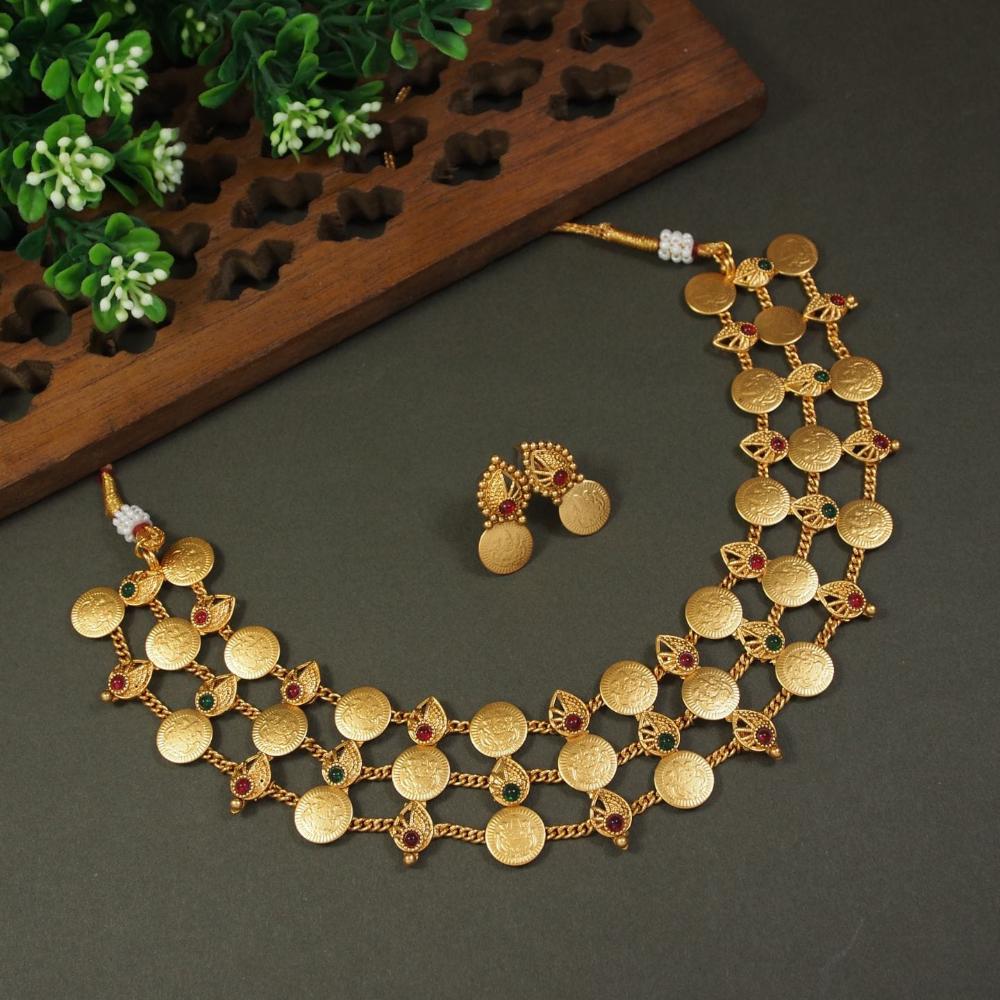 Lucentarts Jewellery Antique Gold Finish Necklace set With Goddess laxmi on it