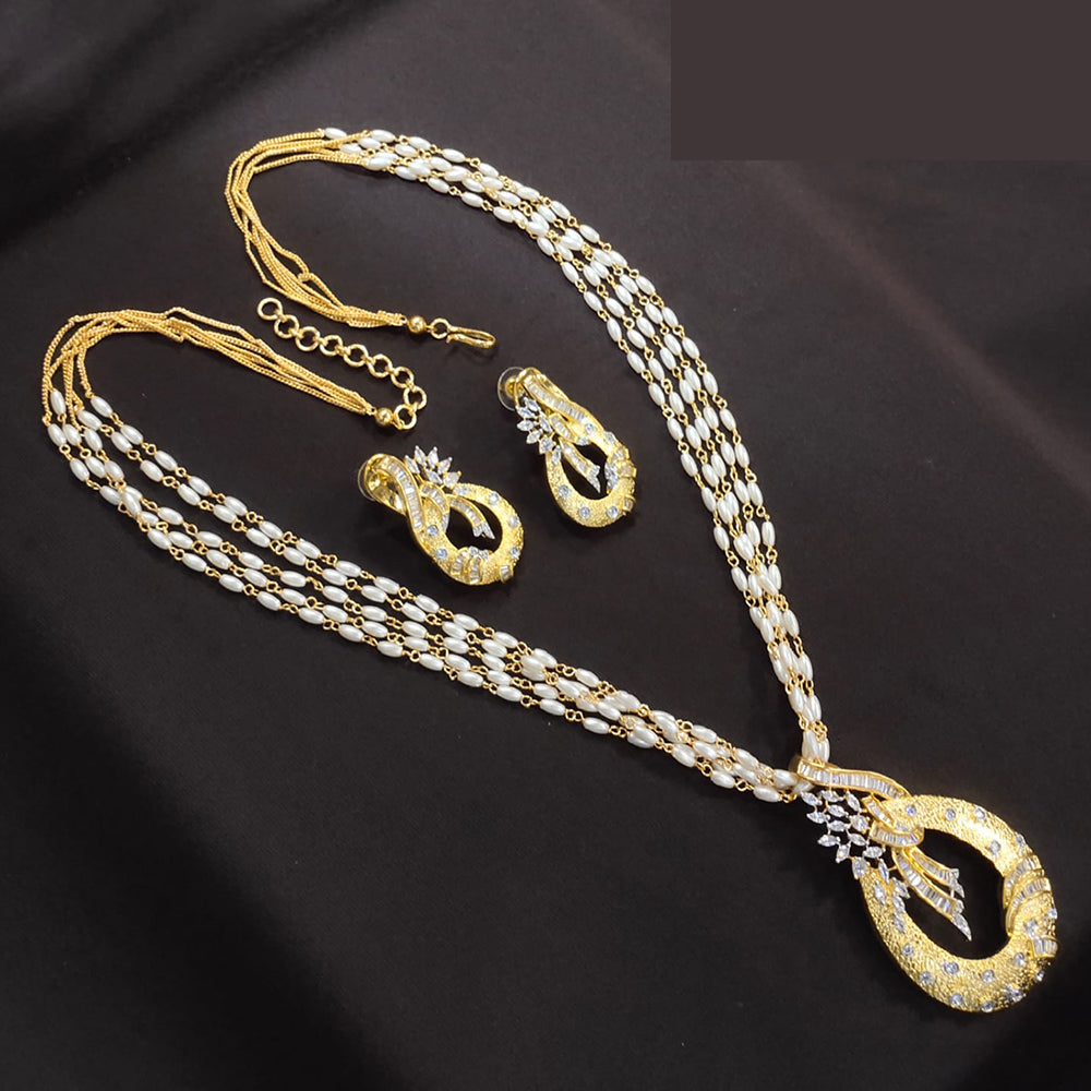 Lucentarts Jewellery Designer American Diamond With Pearl Long Necklace Set