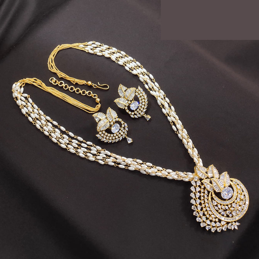 Lucentarts Jewellery Designer American Diamond With Pearl Long Necklace Set