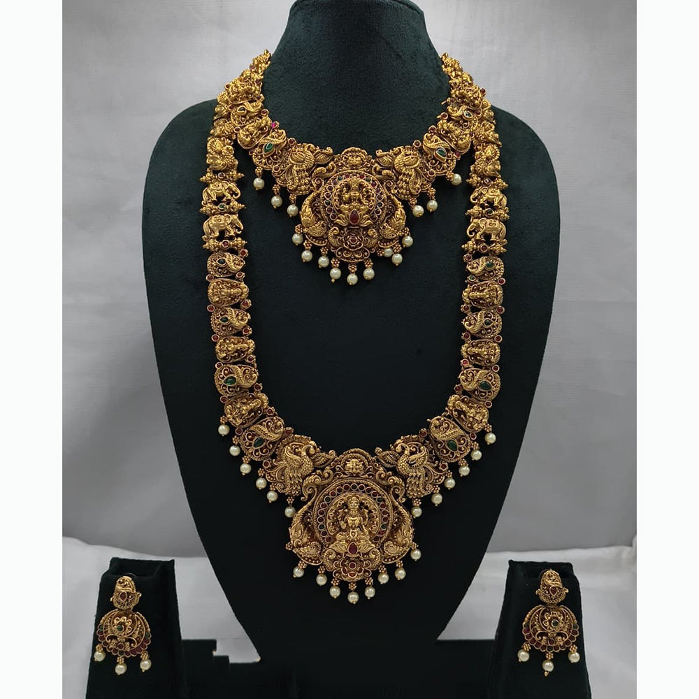 Lucentarts Jewellery Antique Gold Finish Double Temple Necklace Set