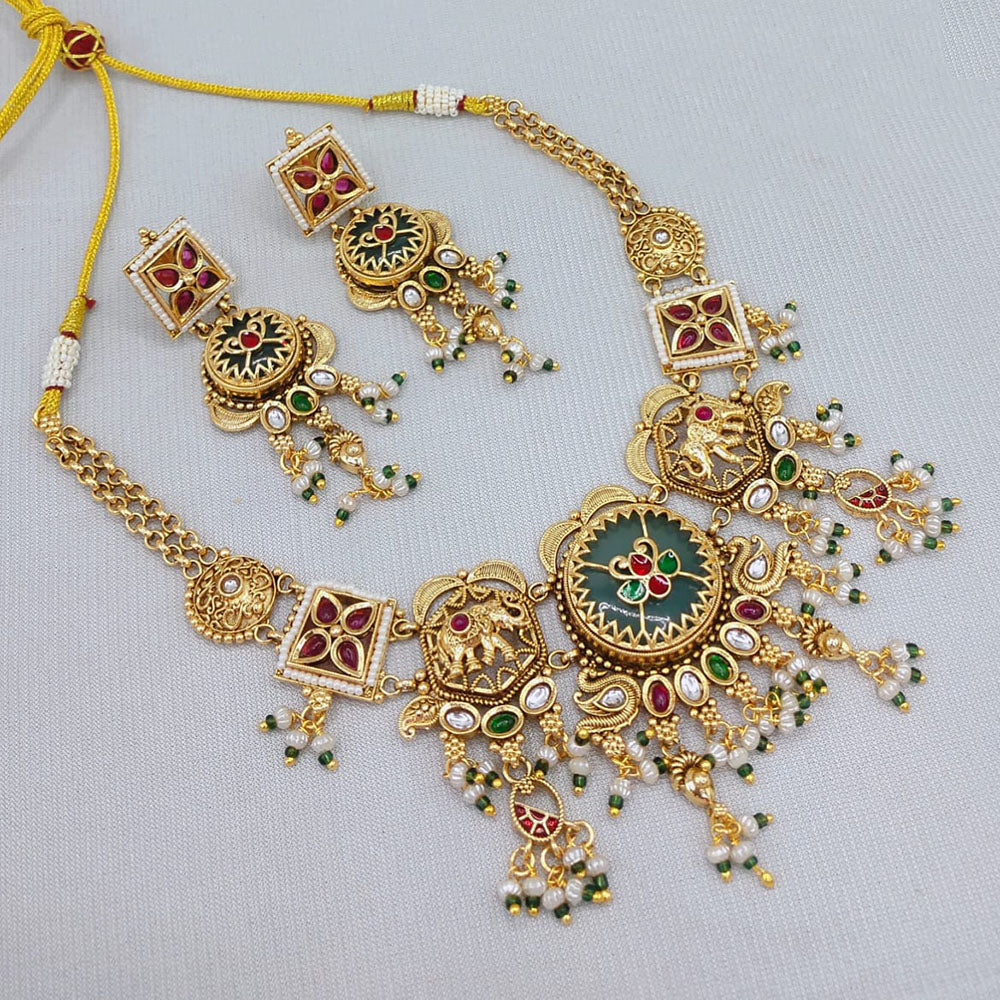 Lucentarts Jewellery Regal Elephant Motif Pota Stone And Pearl Necklace Set