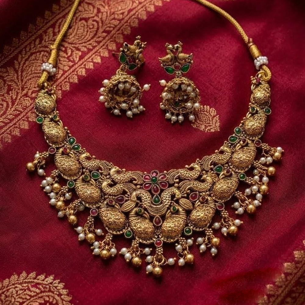 Lucentarts Jewellery Traditional Pota Stone And Pearl Temple Necklace Set