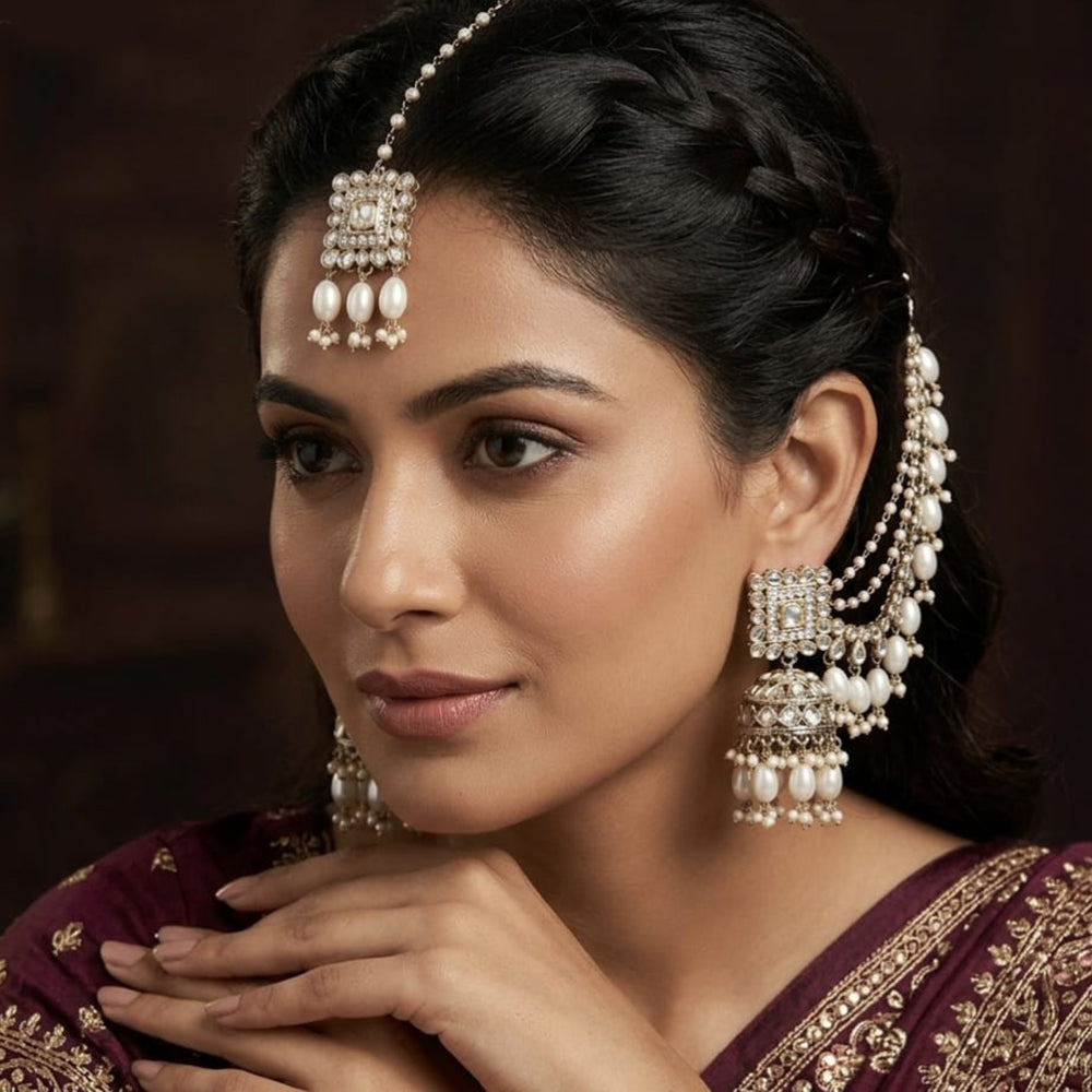 Lucentarts Jewellery Premium Kundan Stone And Pearl Jhumki Earrings With Kanchain