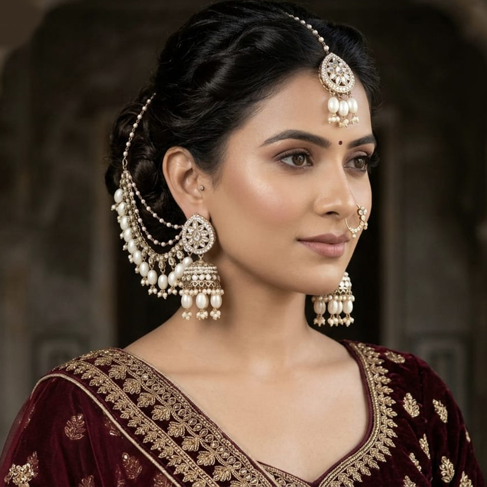 Lucentarts Jewellery Premium Kundan Stone And Pearl Jhumki Earrings With Kanchain