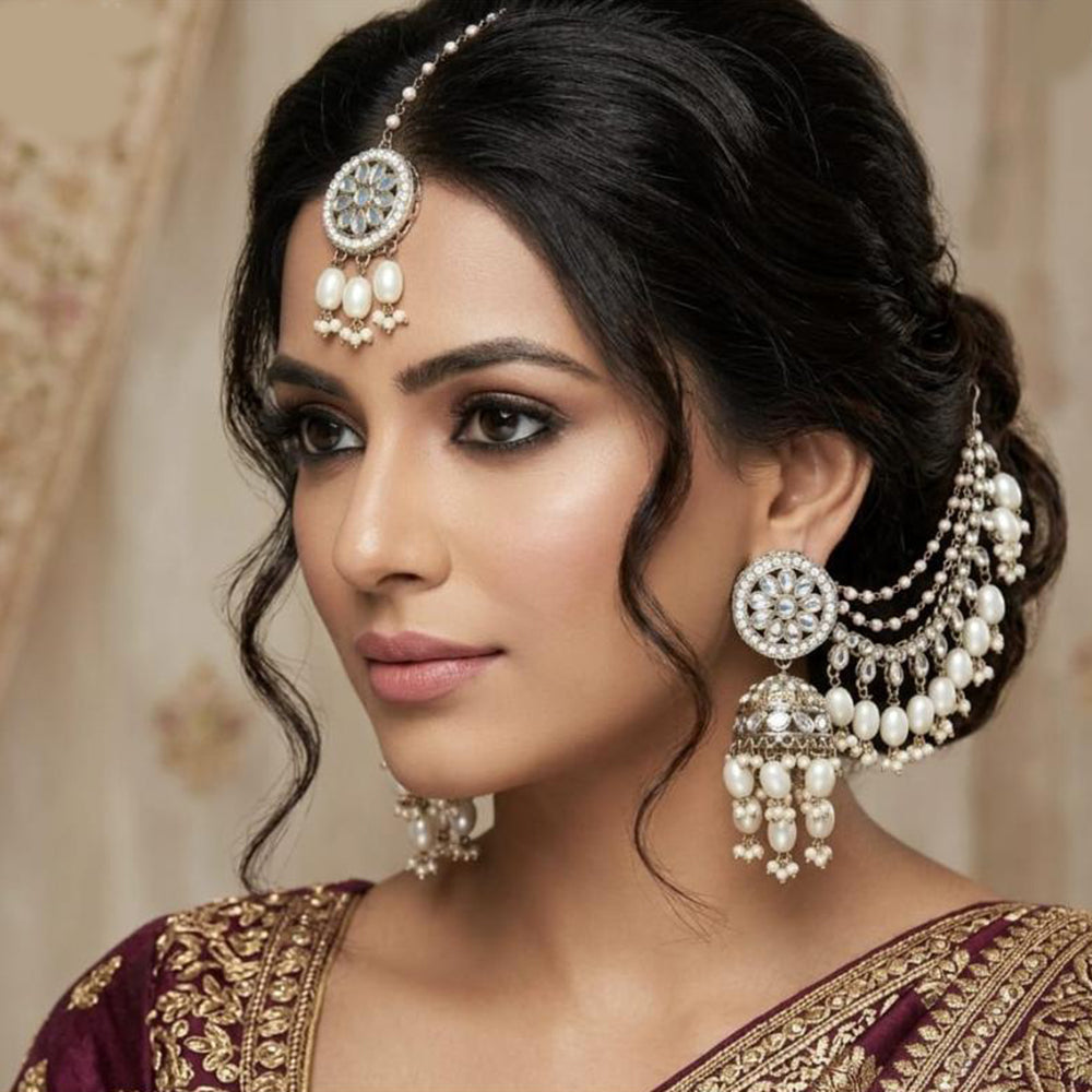 Lucentarts Jewellery Premium Kundan Stone And Pearl Jhumki Earrings With Kanchain