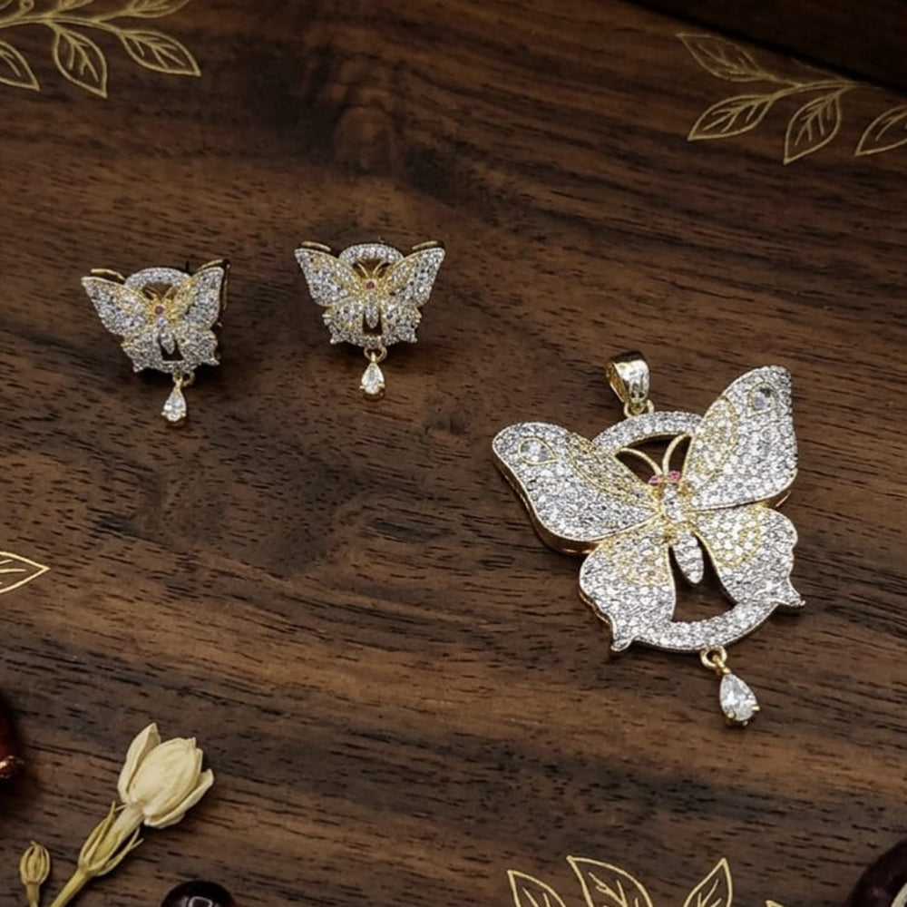 Lucentarts Jewellery Royal American Diamond Butterfly Pendant Set