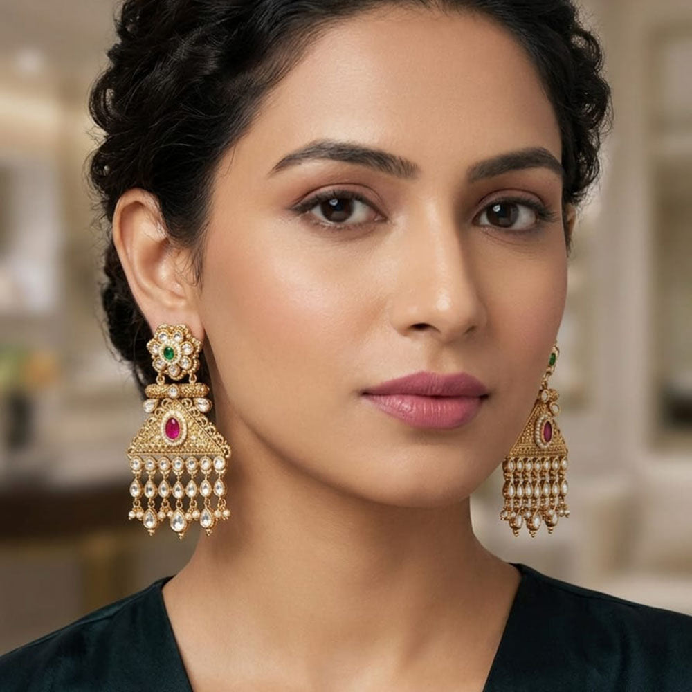 Lucentarts Jewellery Designer Pota Stone Detailing And Pearl Dangler Earrings