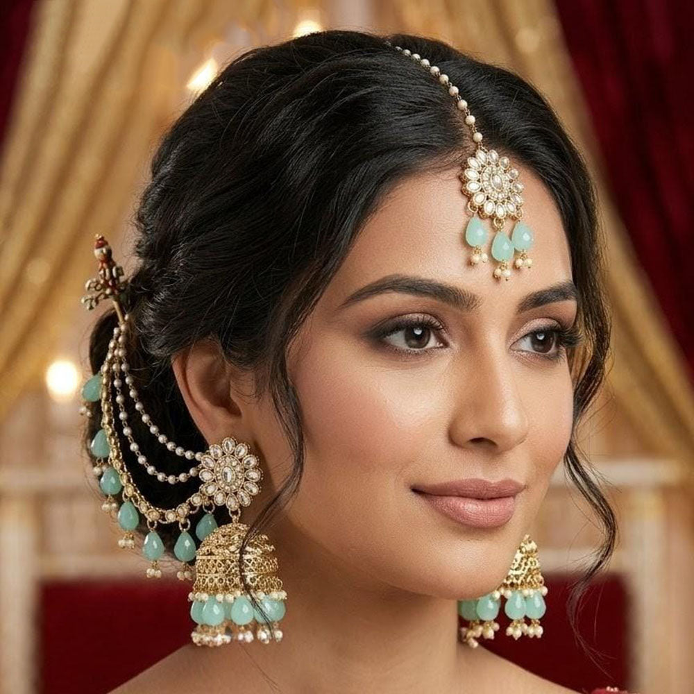 Lucentarts Jewellery Elegant Kundan Stone And Beads Jhumki Earrings With Maangtikka