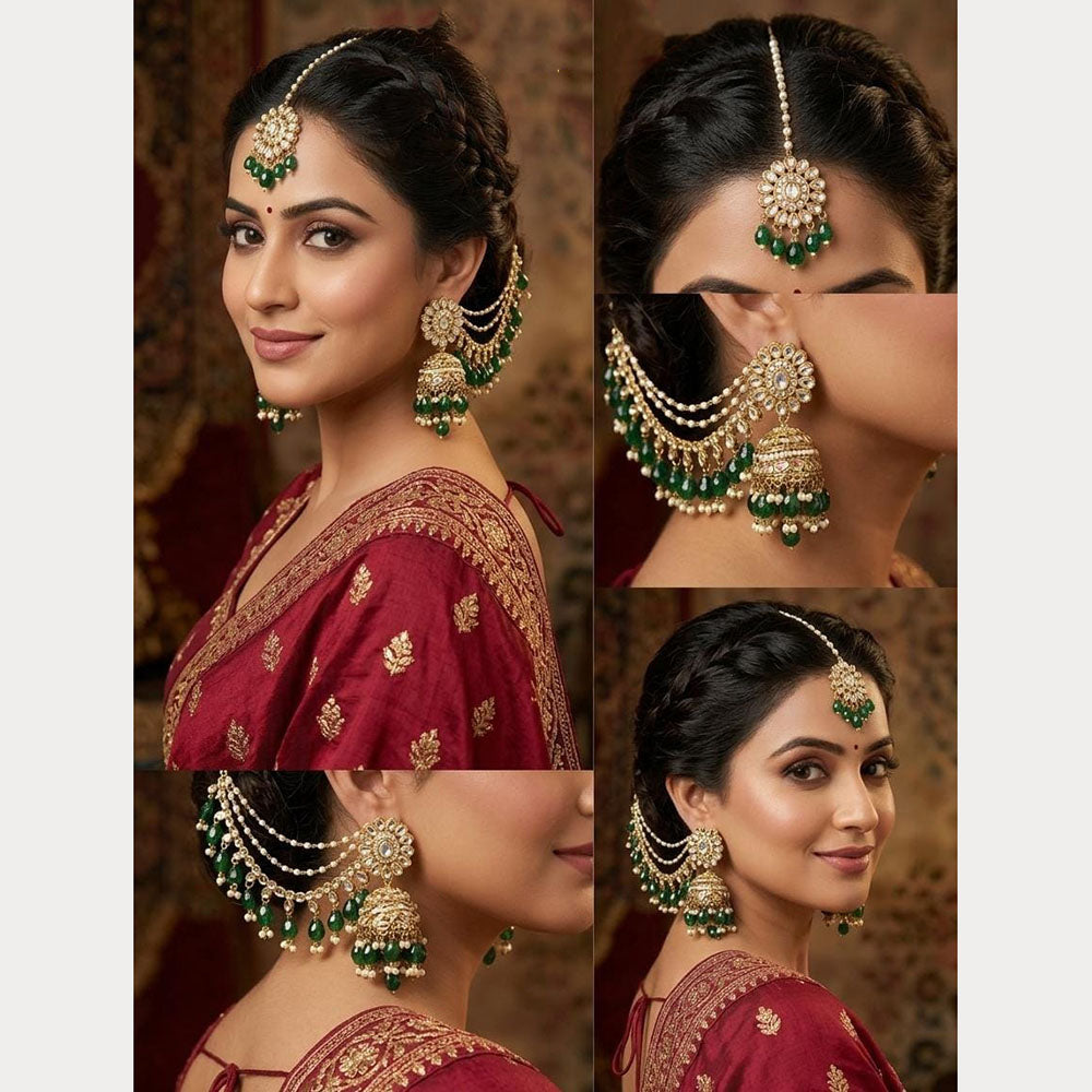 Lucentarts Jewellery Elegant Kundan Stone And Beads Jhumki Earrings With Maangtikka
