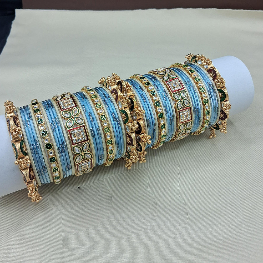 Lucentarts Jewellery Gold Plated Crystal Stone And Pearl Meenakari Bangles Set