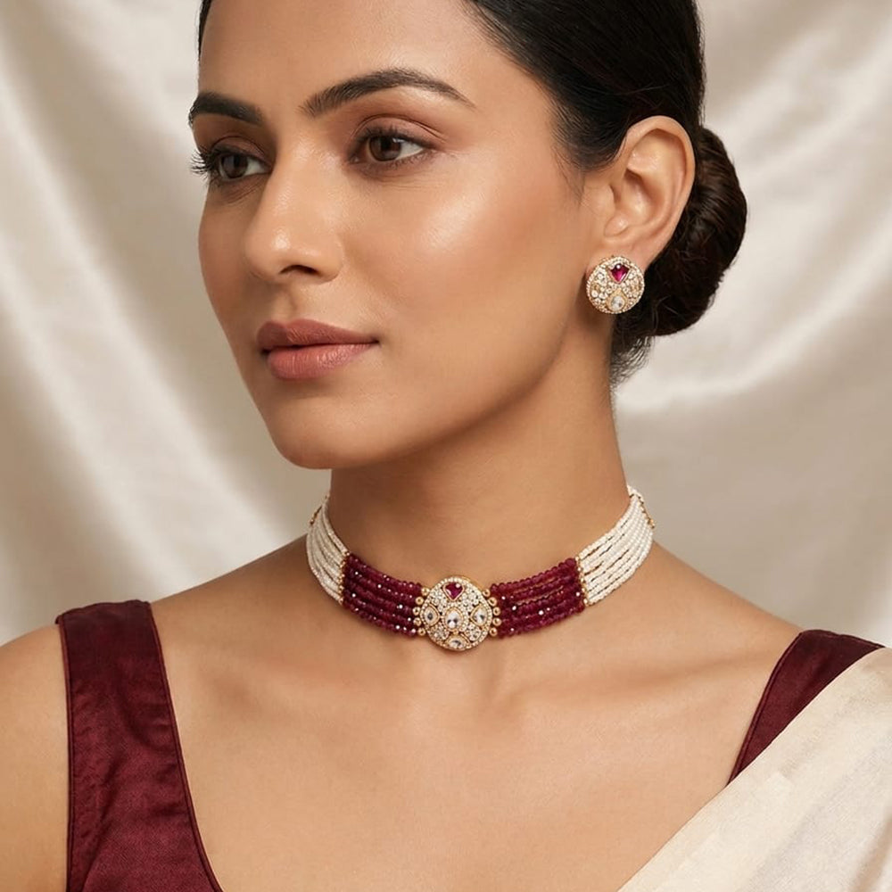 Lucentarts Jewellery Designer Polki Kundan Stone Pearl And Beads Choker Necklace Set