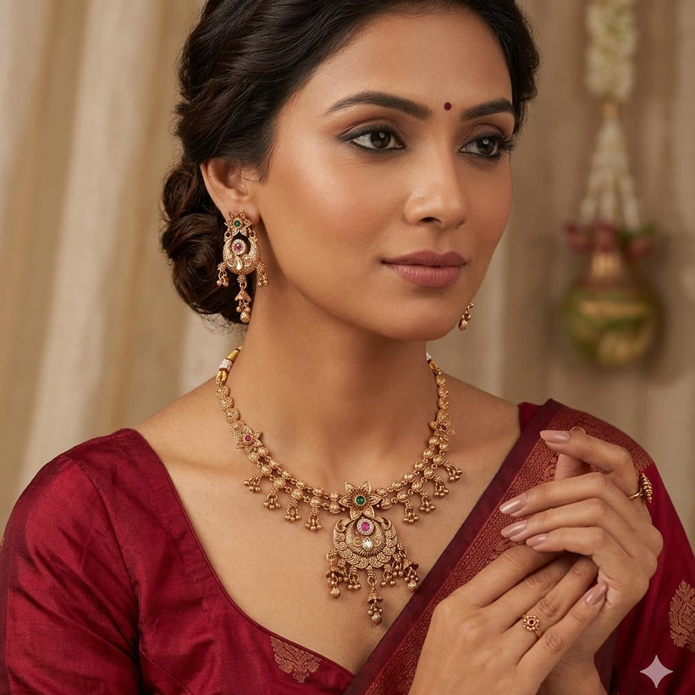 Lucentarts Jewellery Designer Pota Stone And Austrian Stone Pearl Necklace Set