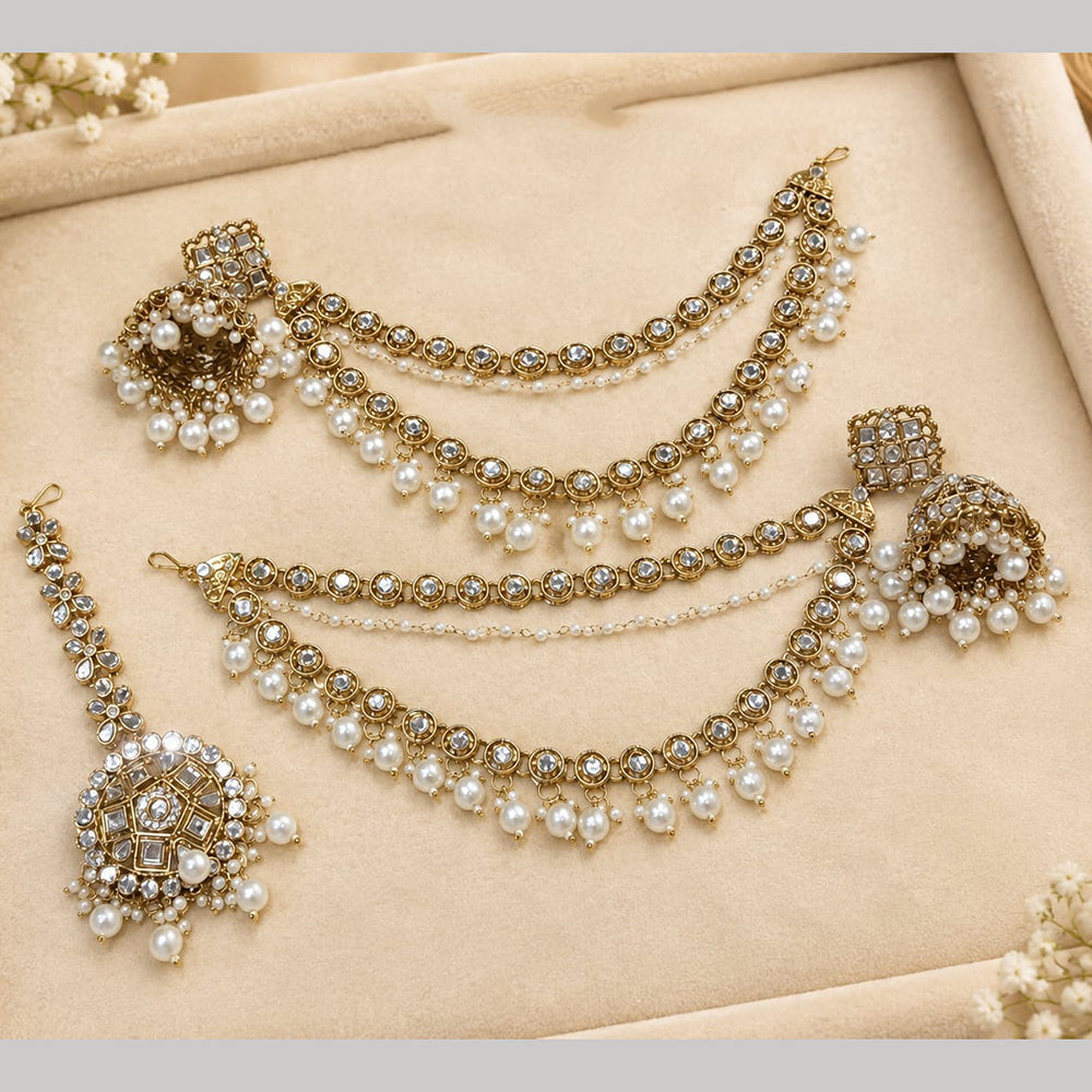 Lucentarts Jewellery Elegant Kundan Stone And Beads Jhumki Earrings With Maangtikka