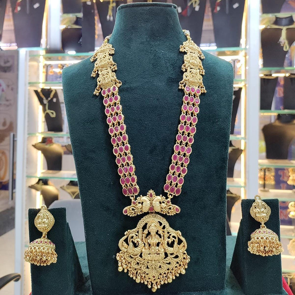 Sai Fashion Gold Plated Pota Stone Temple Long Necklace Set