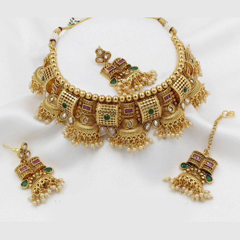 Sai Fashion Gold Plated Pota Stone And Pearls Choker Necklace Set