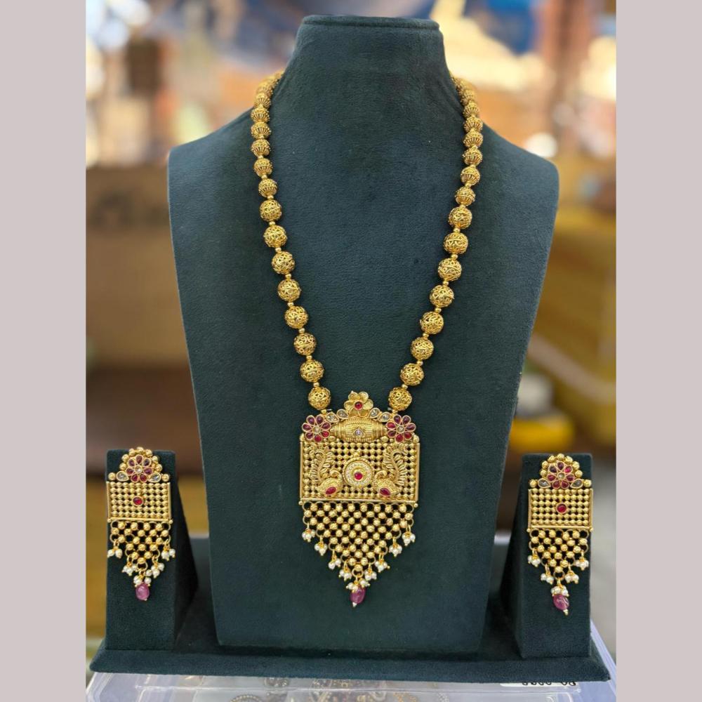 Sai Fashion Gold Plated Pota Stone And Pearls Long Necklace Set