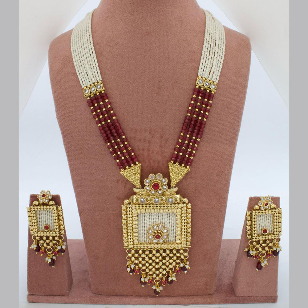 Sai Fashion Gold Plated Pota Stone And Pearl Long Necklace Set