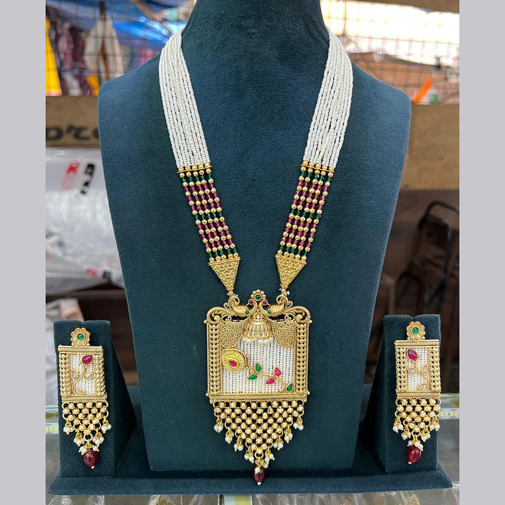 Sai Fashion Gold Plated Pota Stone And Pearl Long Necklace Set