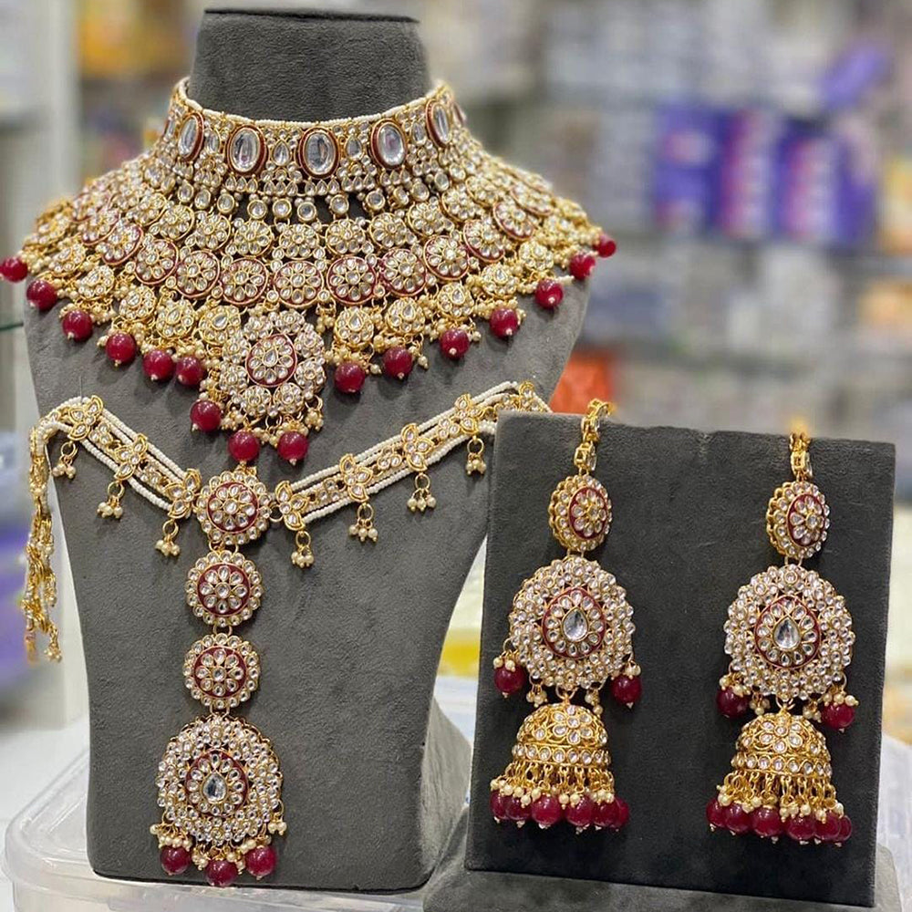 Sai Fashion Gold Plated Kundan Stone And Beads Meenakari Bridal Set
