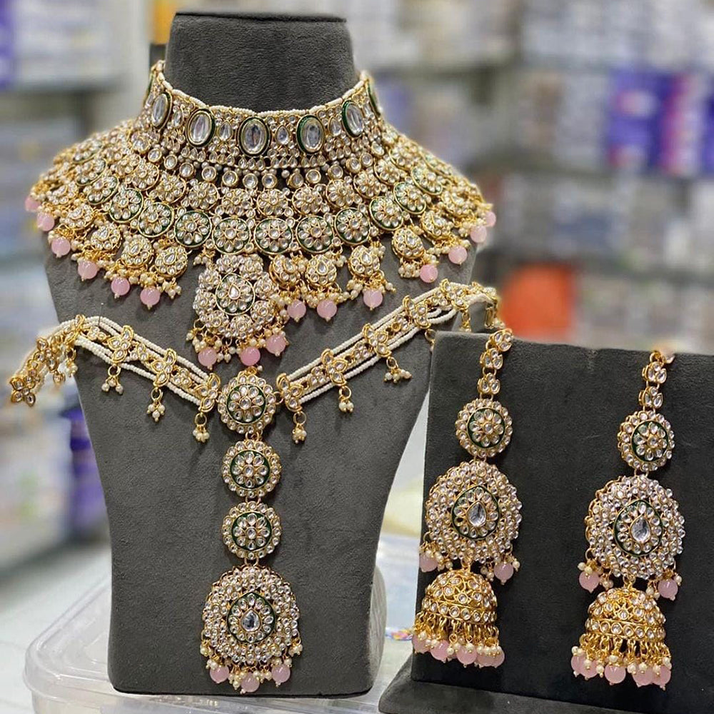 Sai Fashion Gold Plated Kundan Stone And Beads Meenakari Bridal Set