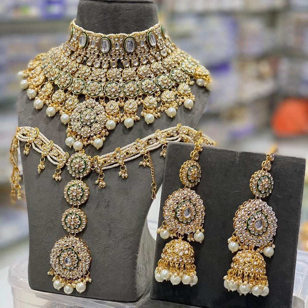 Sai Fashion Gold Plated Kundan Stone And Beads Meenakari Bridal Set
