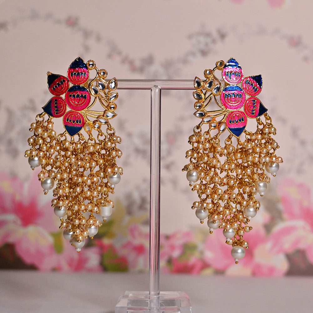 Shagna Gold Plated Kundan Stone And Meenakari Pearls Dangler Earrings