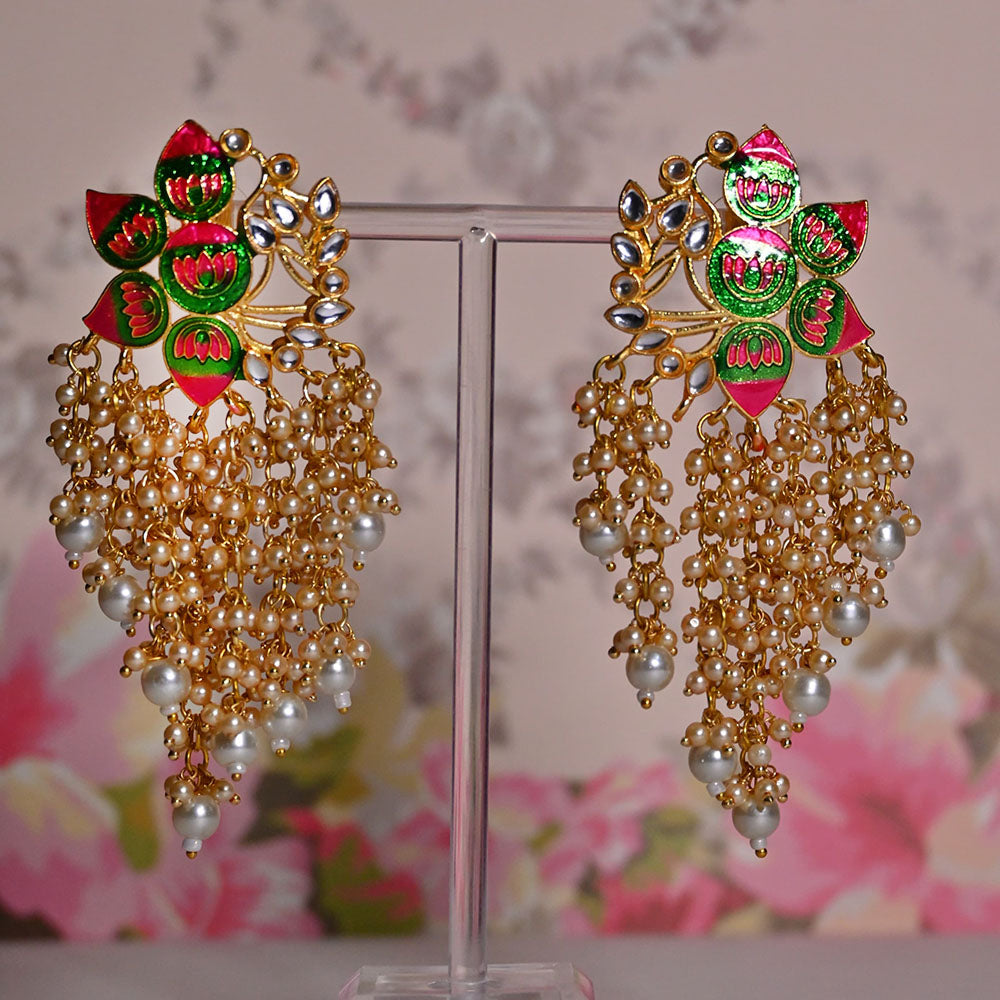 Shagna Gold Plated Kundan Stone And Meenakari Pearls Dangler Earrings