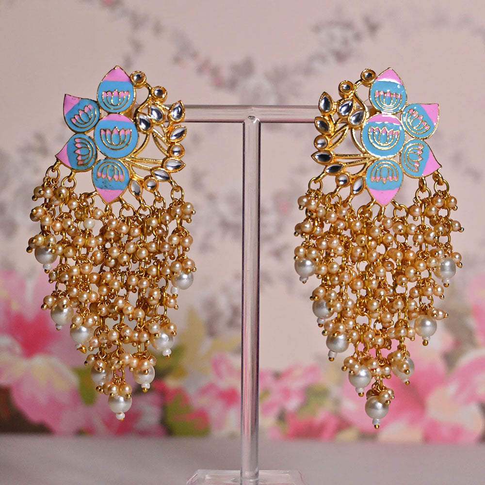 Shagna Gold Plated Kundan Stone And Meenakari Pearls Dangler Earrings