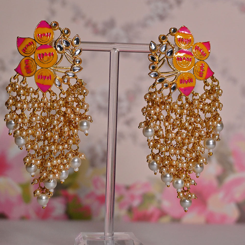 Shagna Gold Plated Kundan Stone And Meenakari Pearls Dangler Earrings