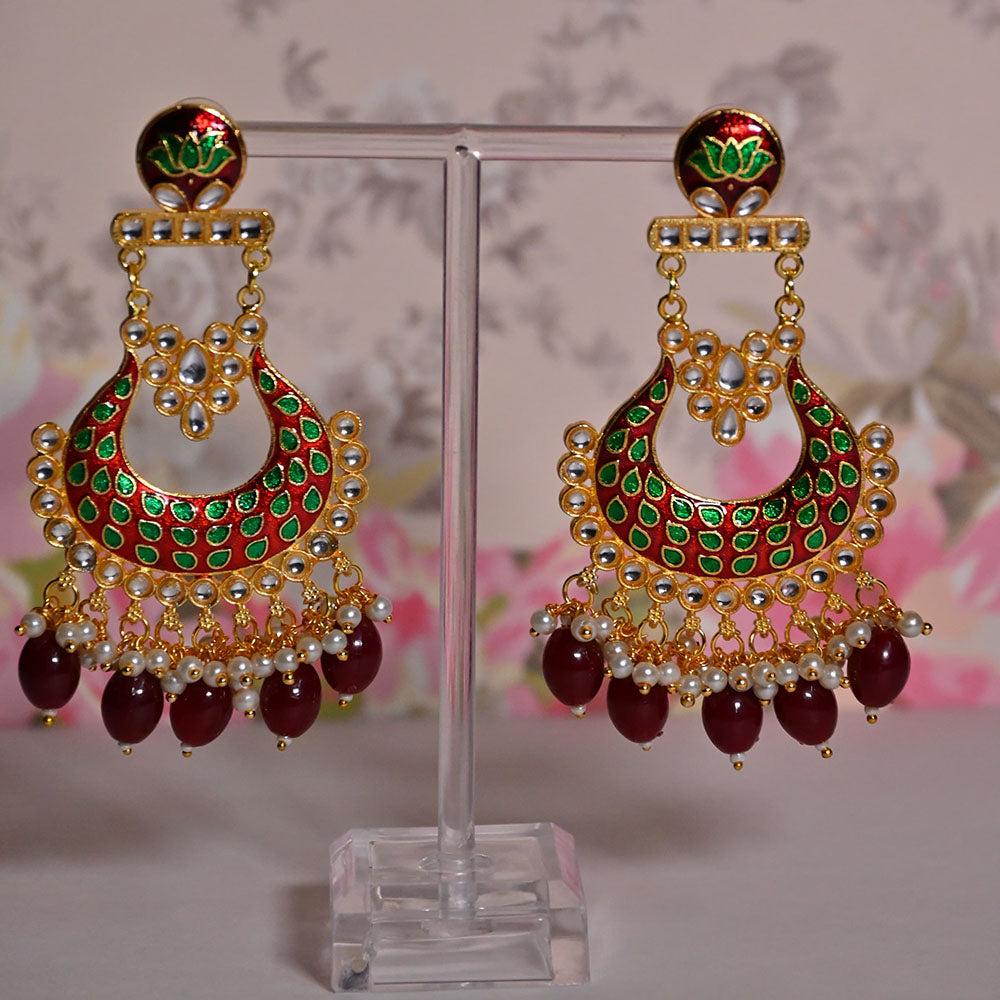 Shagna Gold Plated Kundan Stone And Meenakari Pearls Dangler Earrings