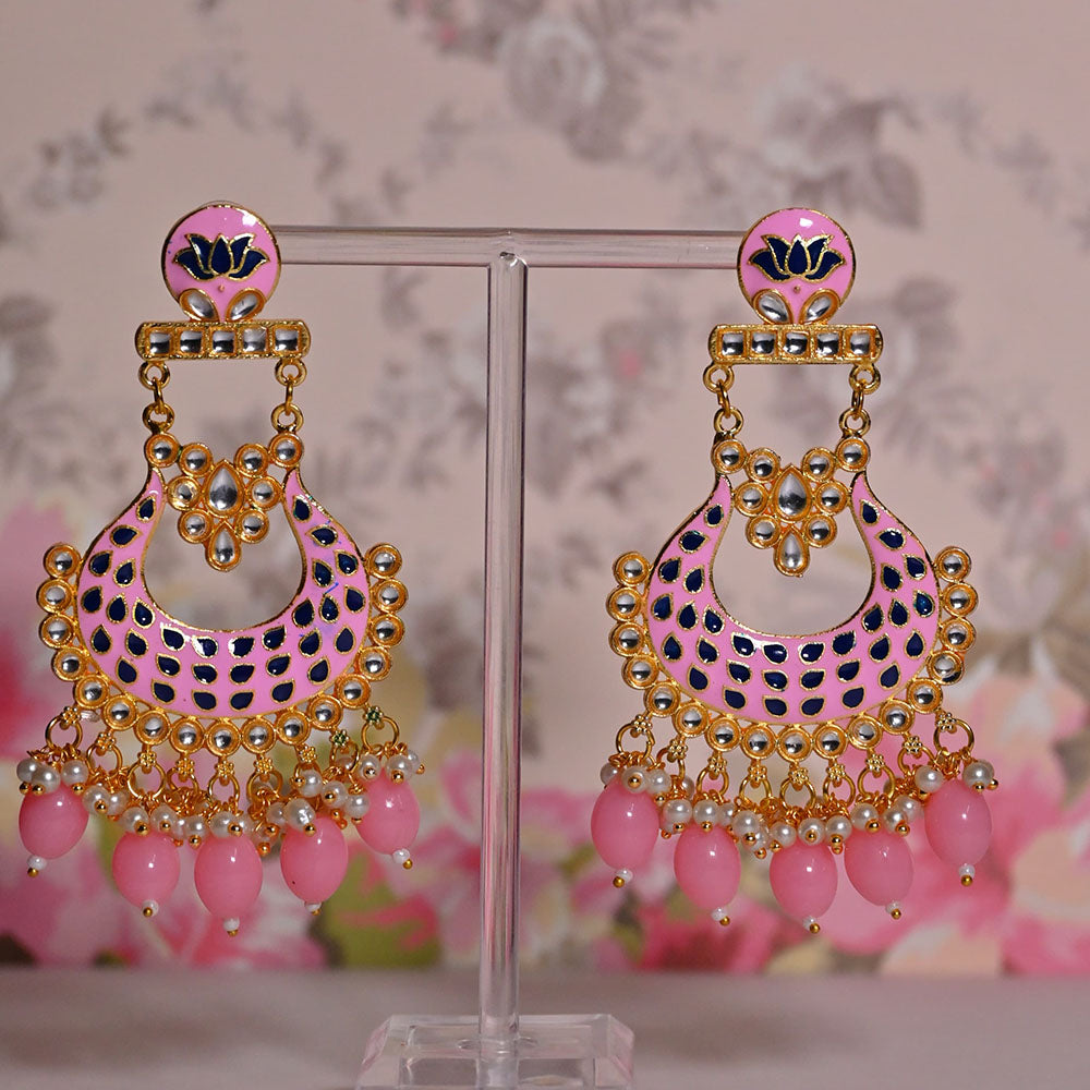 Shagna Gold Plated Kundan Stone And Meenakari Pearls Dangler Earrings