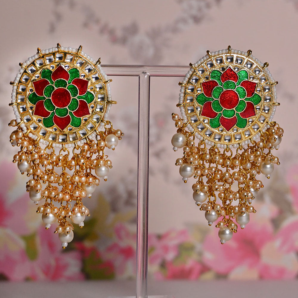 Shagna Gold Plated Kundan Stone And Meenakari Pearls Dangler Earrings